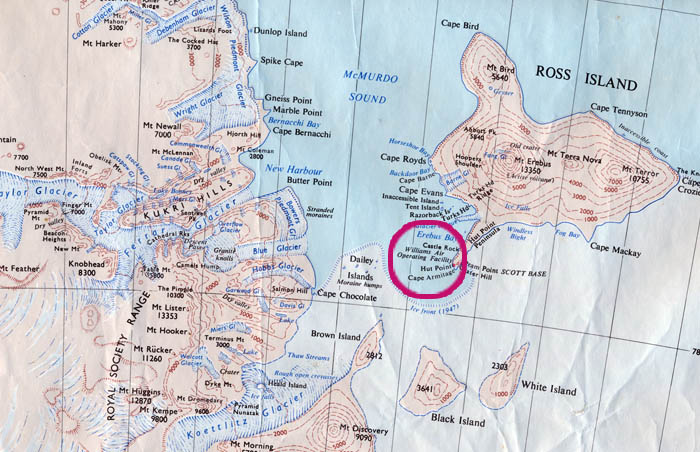 Map of Ross Island, McMurdo Sound and the western coast.  The red circle covers the Base.